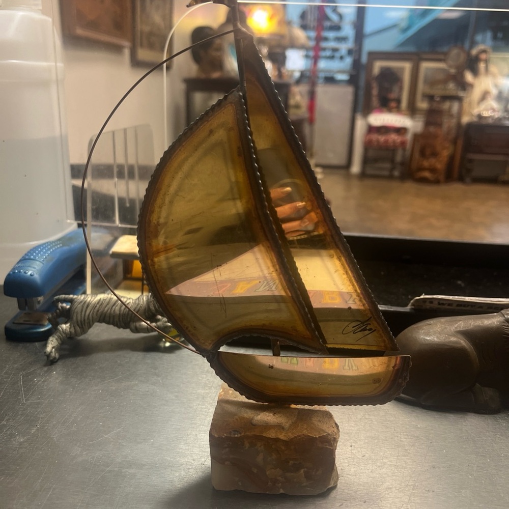 Metal copper stone artist MCM Sailboat Art Piece desk paperweight